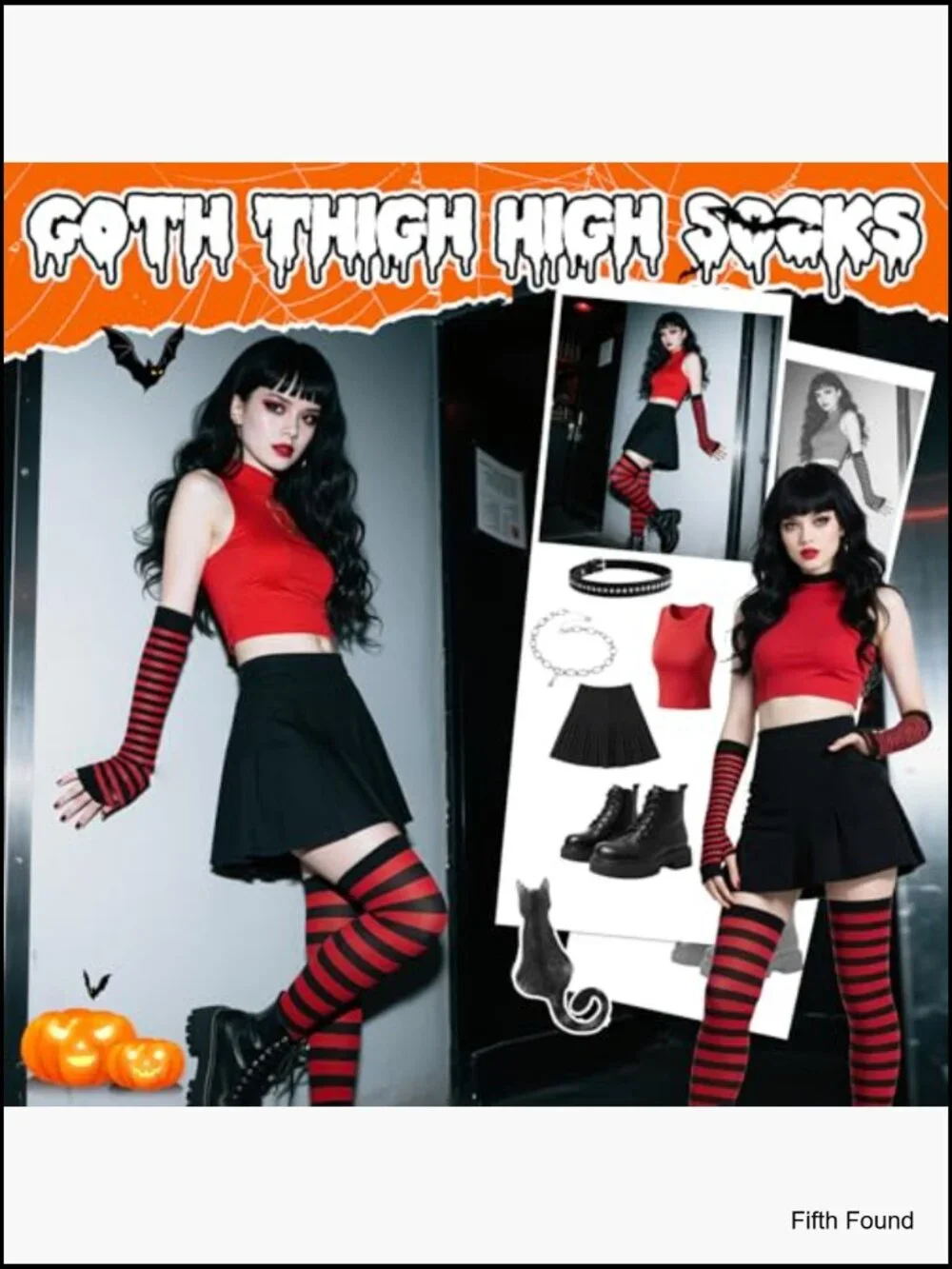 Thigh High Socks Fingerless Gloves Arm Warmers Set Striped Over Knee Leg Warmers